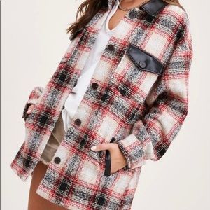 Plaid Faux Leather oversized Tweed Shacket - Red